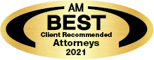 Black and gold emblem that reads "AM Best Client Recommended Attourneys 2021"