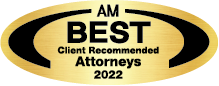Black and gold emblem that reads "AM Best Client Recommended Attourneys 2021"